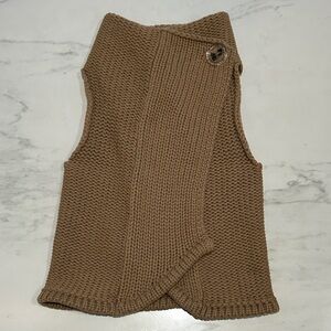 Tan Knit Camel Sleeveless Sweater Vest with large clear button detail